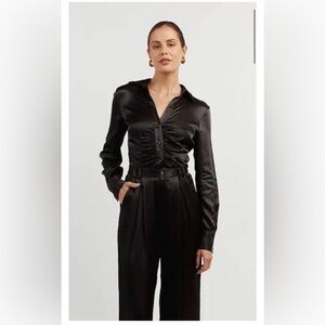 DISSH Simone Black Satin Gathered Button Front Top Sz 4 Date Night